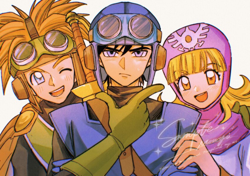 1girl 2boys :d aqua_hair black_bodysuit black_hair blonde_hair blue_eyes blue_gloves blue_hat blue_tunic blunt_bangs bodysuit cape commentary dragon_quest dragon_quest_ii gloves goggles goggles_on_headwear green_gloves green_tabard hand_on_another&#039;s_arm hand_on_another&#039;s_shoulder hat highres looking_at_viewer mouyi multiple_boys one_eye_closed open_mouth orange_cape orange_hair pink_eyes pink_hood prince_of_lorasia prince_of_samantoria princess_of_moonbrook robe sample_watermark smile spiked_hair sword symbol-only_commentary tabard tunic upper_body watermark weapon weapon_on_back white_background white_robe