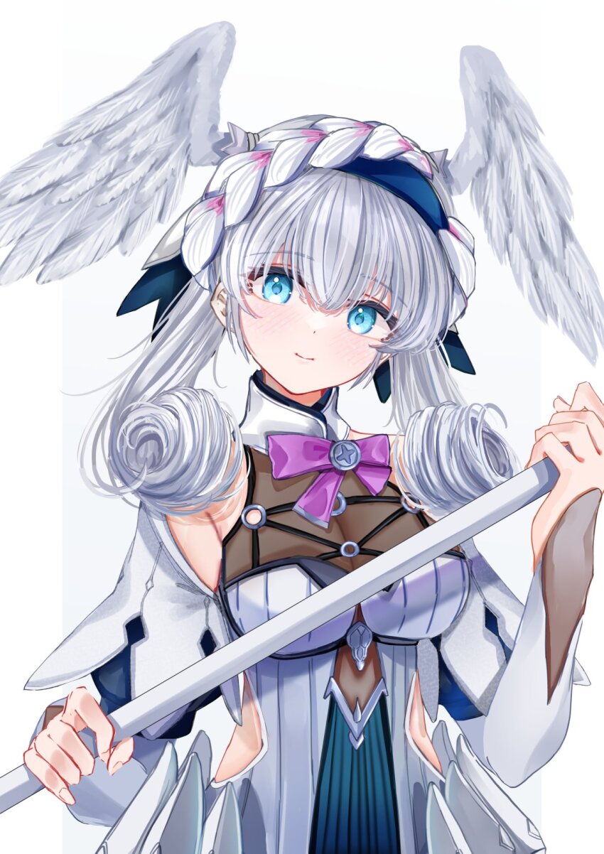 1girl blue_eyes braid crown_braid curly_hair duplicate grey_hair head_wings highres holding holding_staff juliet_sleeves long_hair long_sleeves melia_antiqua puffy_sleeves sarasadou_dan smile solo staff upper_body wings xenoblade_chronicles:_future_connected xenoblade_chronicles_(series) xenoblade_chronicles_1