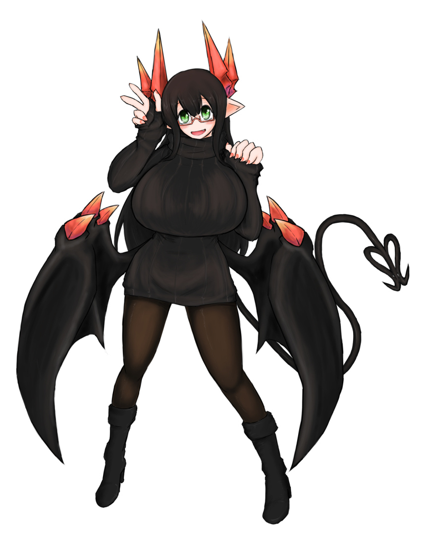 1girl black_footwear black_hair black_sweater black_tail black_wings boots breasts cowboy_shot demon_girl demon_horns demon_tail dress fang full_body glasses green_eyes highres horns huge_breasts j_14180 merii_(mazohaha) musuko_ga_kawaikute_shikatanai_mazoku_no_hahaoya pantyhose pointy_ears red-framed_eyewear ribbed_sweater semi-rimless_eyewear solo standing sweater sweater_dress tail under-rim_eyewear white_background wings