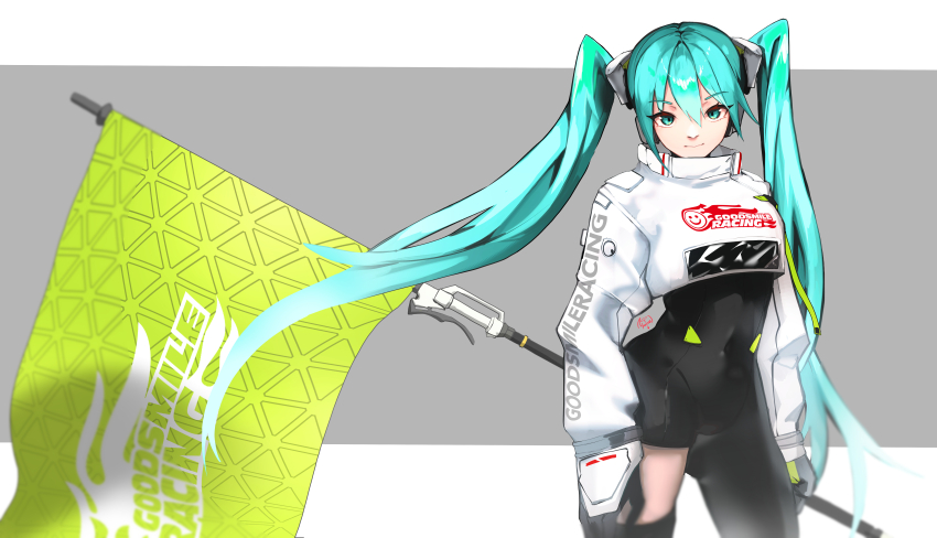 1girl absurdres aqua_eyes aqua_hair asymmetrical_bodysuit black_bodysuit black_gloves black_thighhighs bodysuit closed_mouth commentary cropped_jacket english_commentary flag gloves goodsmile_racing hair_behind_ear hatsune_miku highres holding jacket logo long_hair long_sleeves nyxview racing_miku racing_miku_(2022) single_thighhigh solo thighhighs twintails two-tone_gloves very_long_hair vocaloid white_jacket