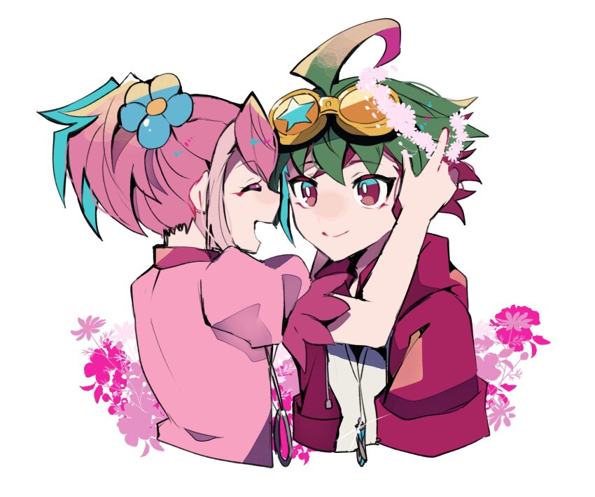 1boy 1girl aged_down ahoge flower flower_on_head goggles goggles_on_head green_eyes highres hiiragi_yuzu hood hooded_jacket jacket jewelry medium_hair multicolored_hair pendant pink_hair pink_shirt red_eyes red_hair red_jacket sakaki_yuya shirt teketeke_(tasutekete) twintails two-tone_hair yu-gi-oh! yu-gi-oh!_arc-v