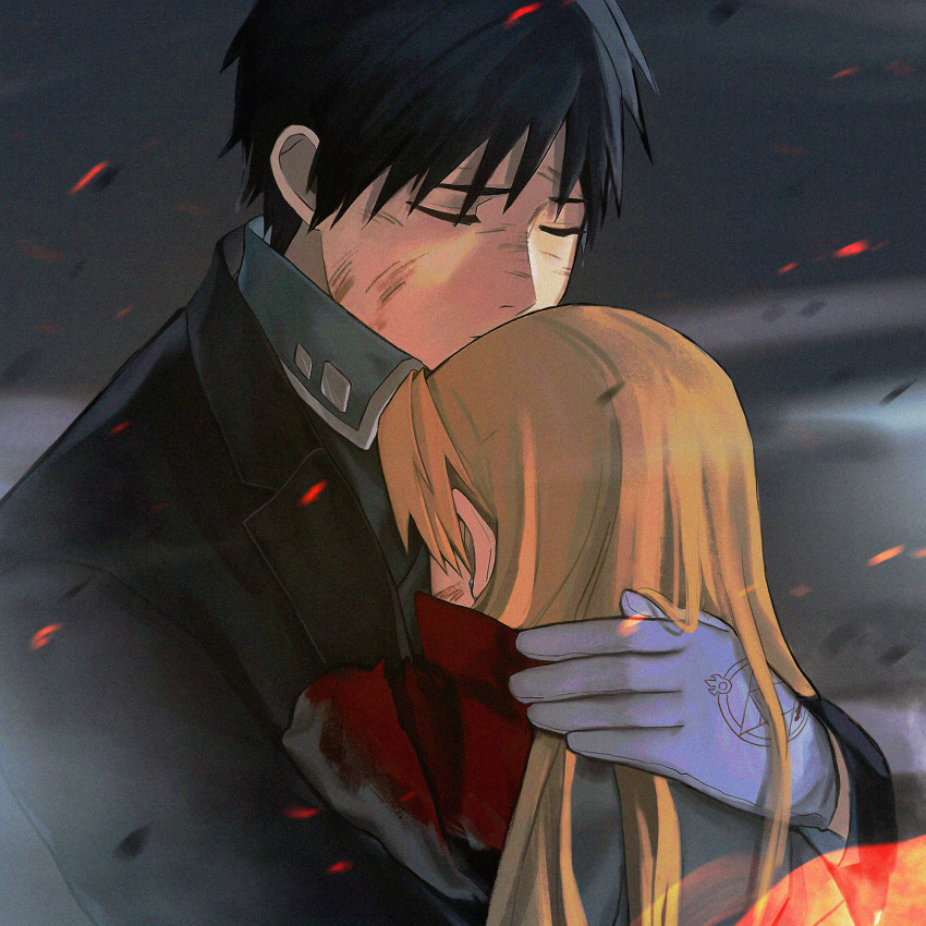 1boy 1girl amestris_military_uniform black_coat black_hair blonde_hair blood blood_on_clothes blurry blurry_background closed_eyes coat dirty dirty_face doya fire fullmetal_alchemist gloves grey_jacket hair_down hand_up kissing_head hetero highres hug jacket long_hair long_sleeves magic_circle military military_uniform motion_blur riza_hawkeye roy_mustang short_hair upper_body white_gloves wind