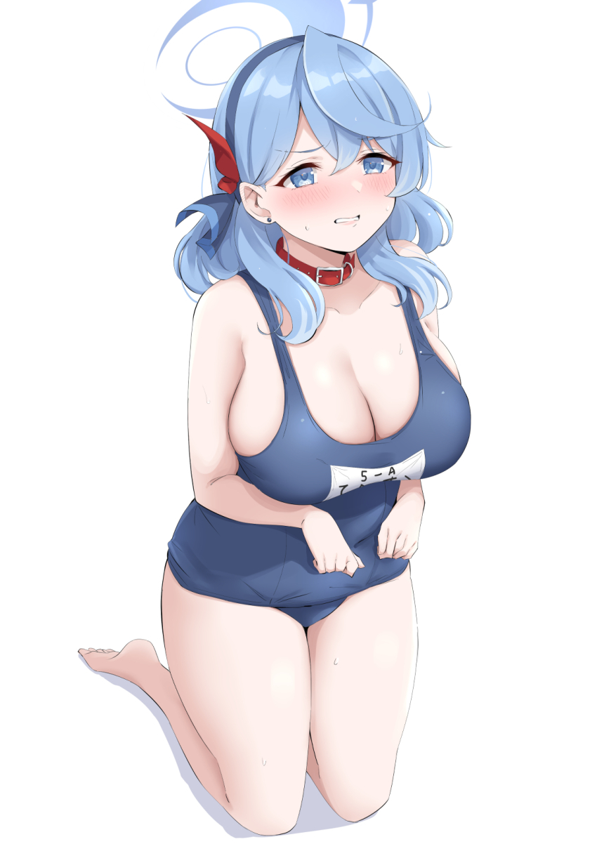 1girl ako_(blue_archive) alternate_costume bare_shoulders barefoot belt_collar black_hairband blue_archive blue_eyes blue_hair blue_halo blue_one-piece_swimsuit blush breasts cleavage collar covered_navel crescent_halo curvy ear_blush earrings furrowed_brow hair_between_eyes hair_ribbon hairband halo highres jewelry kneeling large_breasts looking_at_viewer medium_hair one-piece_swimsuit red_ribbon ribbon school_swimsuit sidelocks simple_background skindentation solo stud_earrings sweat swimsuit takomeshi thighs white_background