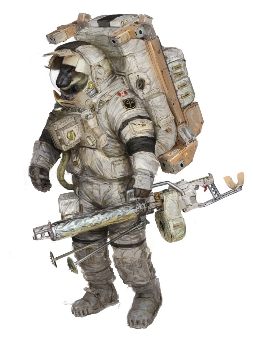 absurdres astronaut backpack bag bipod drum_magazine fantasy furry gun helmet highres light_machine_gun machine_gun magazine_(weapon) original reptile_boy science_fiction space_helmet weapon whaleoil white_background