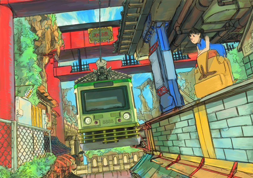 1girl aerial_tram bad_id bad_pixiv_id bare_shoulders black_eyes black_hair chain-link_fence chinese_clothes coftof female_focus fence looking_away original sky solo train_station tree yasawa_kichi