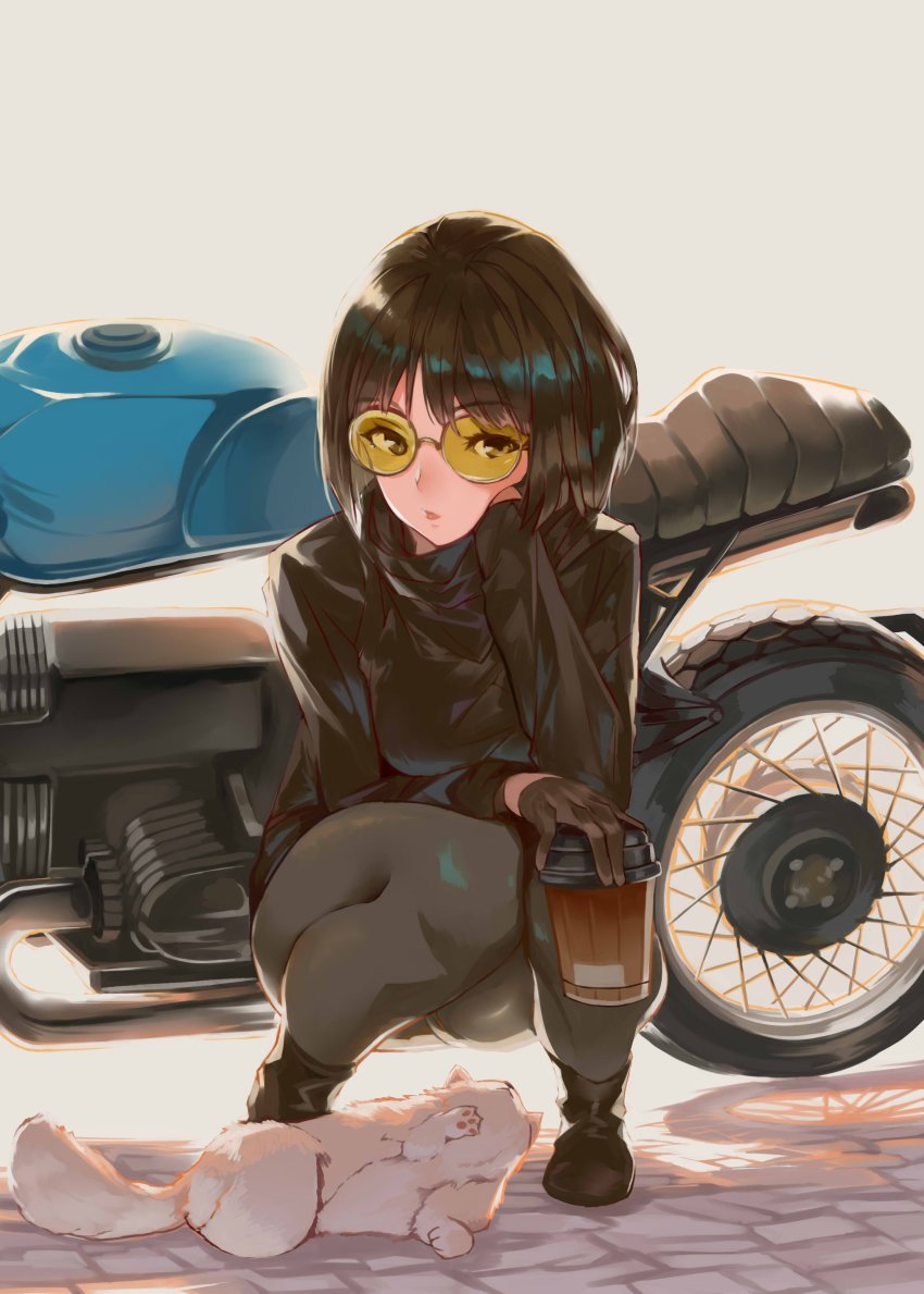 1girl absurdres animal black_footwear black_gloves black_hair black_sweater boots ceda_(dace) cup disposable_coffee_cup disposable_cup female_focus gloves grey_legwear highres looking_at_viewer motor_vehicle motorcycle short_hair solo squatting sunglasses sweater tinted_eyewear yellow-tinted_eyewear yellow-tinted_glasses