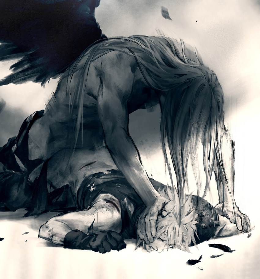 2boys anal ass black_feathers black_wings blood boy_on_top clothes_pull cloud_strife commentary deep_wound english_commentary feathers final_fantasy final_fantasy_vii gloves greyscale hand_on_another&#039;s_arm hand_on_another&#039;s_head head_grab head_pinned_down held_down highres injury long_hair luluzhang998873 male_focus male_penetrated monochrome motion_lines multiple_boys pants pants_pull pinned pushing_down rape restrained rough_sex scar sephiroth sex sex_from_behind short_hair single_wing sleeveless sleeveless_turtleneck spiked_hair topless_male turtleneck wings yaoi