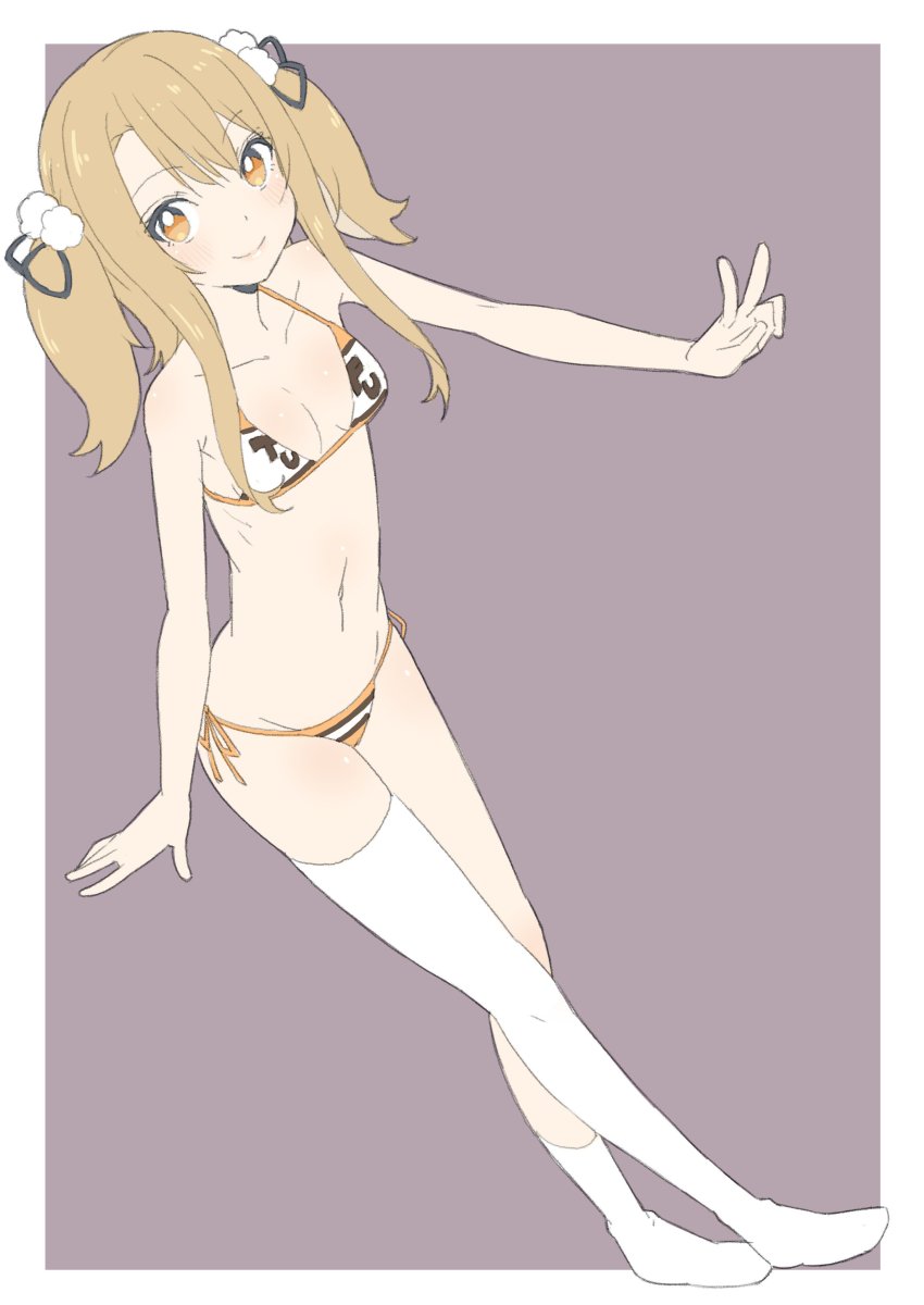 1girl absurdres animal_ears animare armpits asymmetrical_legwear bad_id bad_twitter_id bikini blonde_hair blush border breasts brown_hair closed_mouth collarbone donguri_suzume dot_nose female_focus floppy_ears from_above full_body groin hair_between_eyes hair_ornament happy highres inaba_haneru_mama looking_at_viewer medium_breasts mismatched_legwear nanashi_inc. navel outside_border pom_pom_(clothes) purple_background rabbit_ears ribs side-tie_bikini_bottom sidelocks simple_background single_thighhigh small_breasts smile socks solo standing swimsuit thighhighs thighs twintails v virtual_youtuber white_border white_socks yellow_eyes