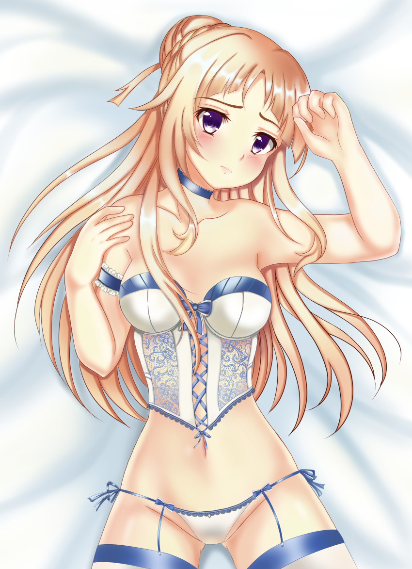 10s 1girl absurdres arm_garter arm_up armpits bare_arms bare_legs bare_shoulders bed blonde_hair blue_neckwear blush breasts choker collarbone corset female_focus from_above groin hair_bun head_tilt highres legs long_hair looking_at_viewer lying medium_breasts navel neck on_back ortfine_fredericka_von_eylstadt panties purple_eyes shuumatsu_no_izetta shy side-tie_panties single_hair_bun solo strapless thighhighs underwear white_panties wu_ji_miao