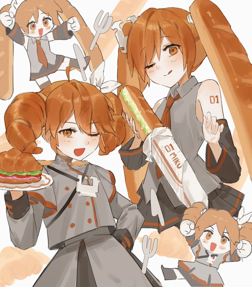 2girls bow bread brown_necktie brown_trim buttons commentary croissant detached_sleeves food food-themed_hair fork grey_jacket grey_skirt hair_bow hands_up hatsune_miku highres holding holding_food jacket kasane_teto kasane_teto_(sv) knife long_sleeves meat multiple_girls necktie one_eye_closed plate red_trim sandwich shirt shoulder_belt skirt sleeveless sleeveless_shirt soyfish_l synthesizer_v table_knife tomato twintails upper_body utau vocaloid white_bow