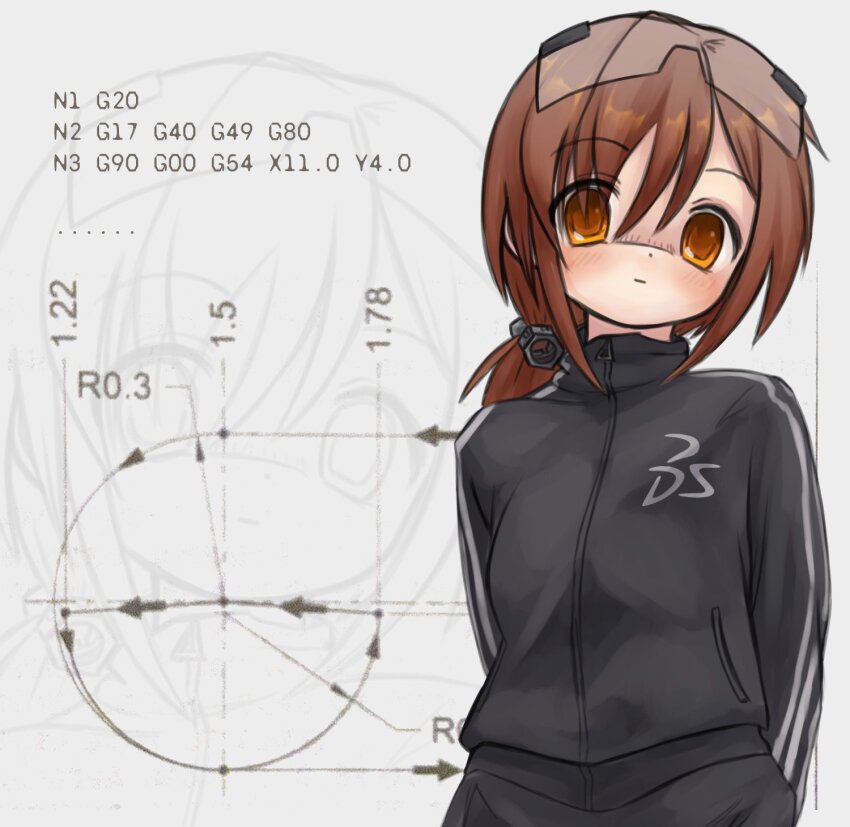 ... 1girl arrow_(symbol) black_jacket black_pants blueprint_(object) blush breasts brown_eyes brown_hair closed_mouth clothes_writing commentary english_commentary expressionless eyewear_on_head g-code hair_between_eyes hair_ornament hair_over_one_eye high_collar highres jacket long_bangs long_sleeves looking_at_viewer measurements medium_hair nut_(hardware) original pants ponytail safety_glasses small_breasts solo track_jacket track_pants track_suit translated triple_vertical_stripe white_background white_trim x_hair_ornament zipper zipper_pull_tab zoolpal zoom_layer