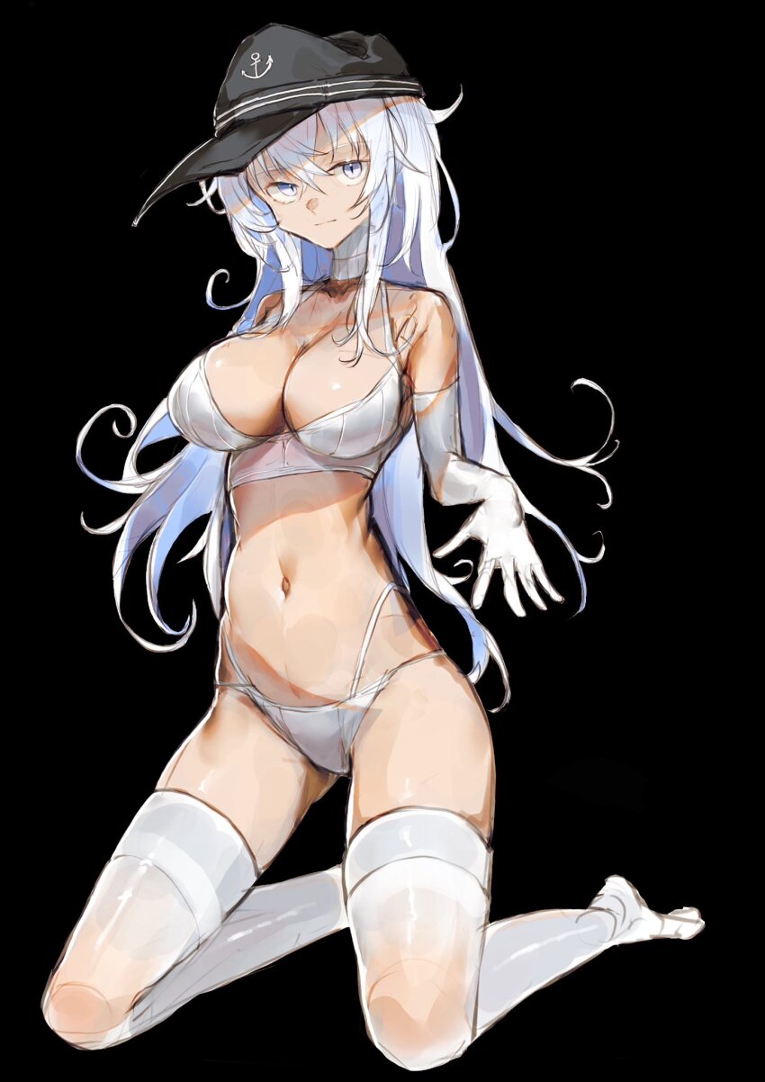 1girl aged_up alternate_breast_size black_background black_hat blue_eyes bra breasts cleavage closed_mouth elbow_gloves gloves grey_hair hat hibiki_(kancolle) highres kantai_collection kasanomaya kneehighs kneeling large_breasts long_hair looking_at_viewer military_hat navel no_shoes panties peaked_cap simple_background smile socks solo underwear white_bra white_gloves white_panties white_socks