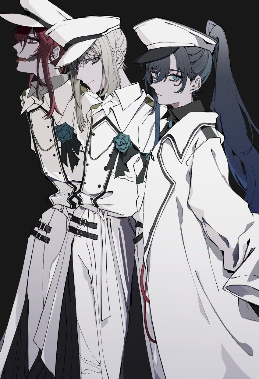 1boy 2girls absurdres ado_(utaite) asymmetrical_sidelocks black_background black_hair black_shirt blue_brooch blue_eyes blue_flower blue_hair blue_rose chando_(ado) character_request closed_mouth coat collared_shirt colored_inner_hair flower flower_brooch grey_hair grey_shirt hair_between_eyes hat highres long_hair military_hat military_uniform multicolored_hair multiple_girls official_alternate_costume ooarai_school_uniform orihara_(ewkkyorhr) ponytail red_eyes red_hair rose school_uniform shirt short_hair_with_long_locks sidelocks simple_background tongue tongue_out utaite white_coat white_hat