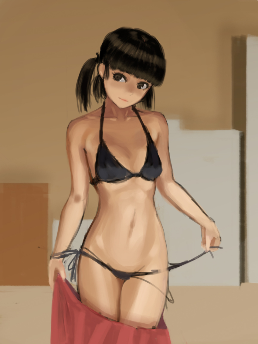 1girl bad_id bad_pixiv_id bikini black_bikini black_eyes black_hair blunt_bangs breasts closed_mouth collarbone female_focus furukawa_herzer highres navel original side-tie_bikini_bottom small_breasts solo swimsuit undressing