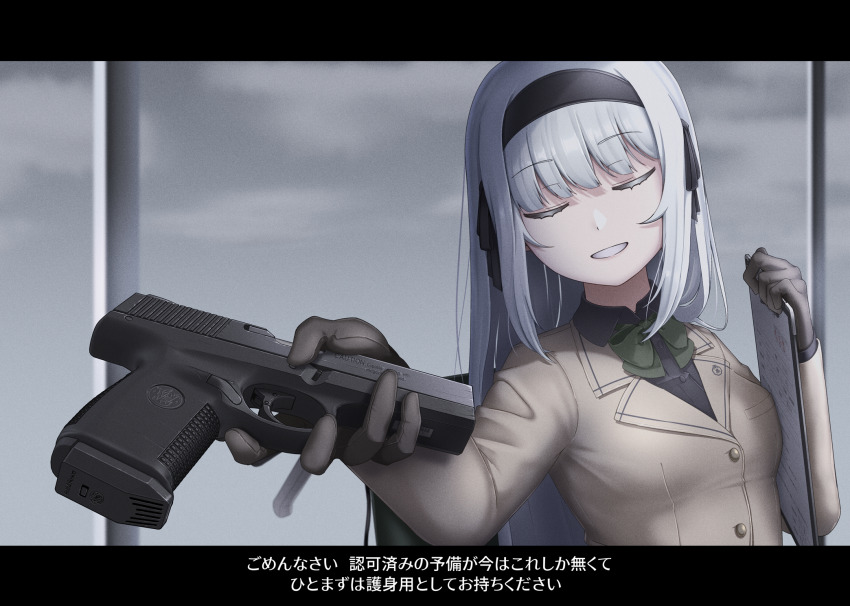 1girl bismuth_(paravene) black_gloves black_hairband black_shirt bow breasts brown_jacket clipboard closed_eyes cloud collared_shirt dress_shirt facing_viewer gloves green_bow grey_hair gun hairband handgun hands_up highres holding holding_gun holding_weapon jacket letterboxed long_hair long_sleeves original shirt sky small_breasts smile solo translation_request upper_body very_long_hair weapon weapon_request window