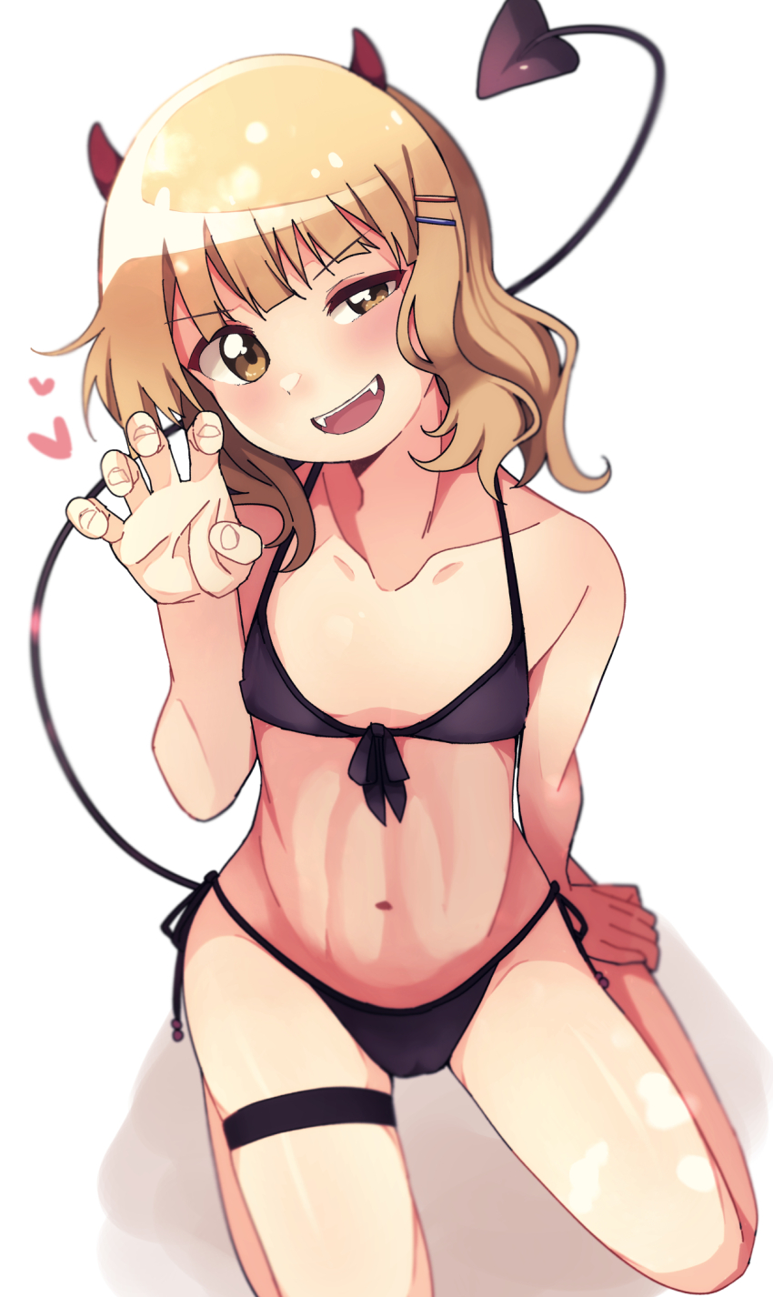 abs bikini black_bra blonde_hair bra brown_eyes cameltoe demon_girl demon_tail fangs hair_ornament hairclip heart horns looking_at_viewer naughty_face navel oomuro_sakurako open_mouth side-tie_bikini_bottom sitting smile swimsuit tail tennosuke_(tejons) thigh_strap underwear wavy_hair white_background