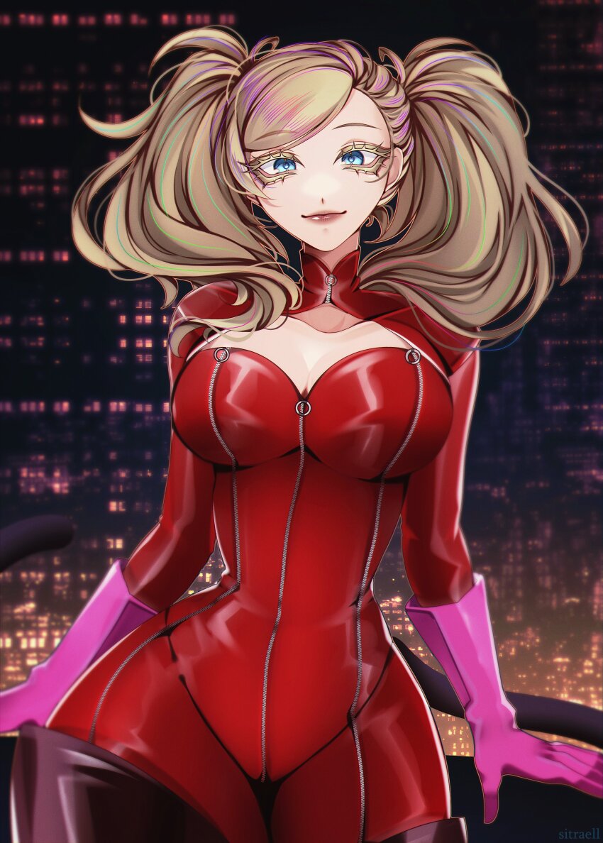 1girl absurdres blonde_hair blue_eyes bodysuit breasts building catsuit cleavage closed_mouth collarbone commentary cow english_commentary fake_tail full-length_zipper gloves highres large_breasts long_hair looking_at_viewer night outdoors persona persona_5 pink_gloves red_bodysuit sitraell smile solo tail takamaki_anne twintails zipper