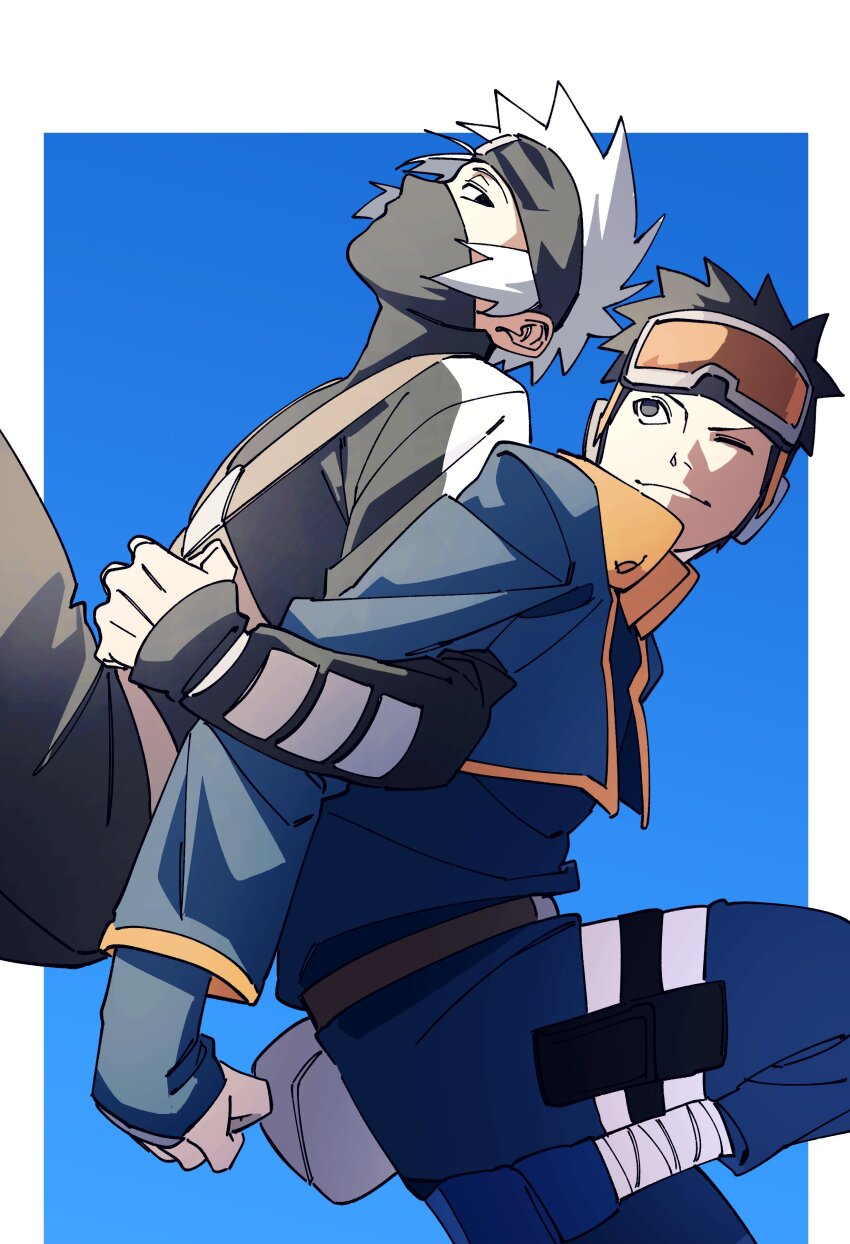 2girls absurdres back-to-back black_eyes black_hair black_jacket black_mask black_pants blue_background blue_jacket blue_pants blue_shirt border clenched_hands cropped_jacket goggles goggles_on_head hatake_kakashi highres jacket mask mouth_mask multiple_girls naruto_(series) one_eye_closed open_clothes open_jacket outside_border pants pnpk_1013 shirt short_hair simple_background spiked_hair thigh_strap uchiha_obito white_border white_shirt