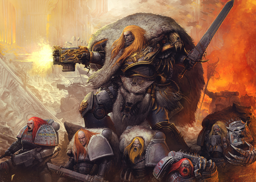 .75_calibre_bolt adeptus_astartes angry armor battle beard bolt_(warhammer_40k) bolter bullet facial_hair facial_tattoo fire helwinter holding holding_sword holding_weapon leman_russ mjalnar multiple_boys orange_hair power_armor primarch ruins space_wolves spacecraft sword tattoo warhammer_40k weapon