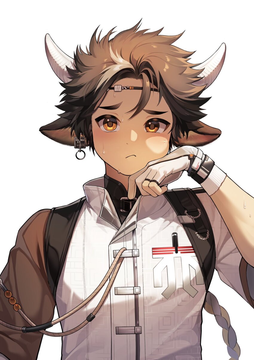 1boy animal_ears arknights backpack bag blush braid brown_hair closed_mouth cow_boy cow_ears cow_horns ear_piercing earrings gloves hand_on_own_face headband highres horns jacket jewelry light_frown long_hair looking_at_viewer male_focus multicolored_clothes multicolored_jacket orange_eyes piercing reizu short_sleeves simple_background single_braid single_earring solo sweat two-tone_jacket upper_body variant_set wan_qing_(arknights) white_background white_gloves