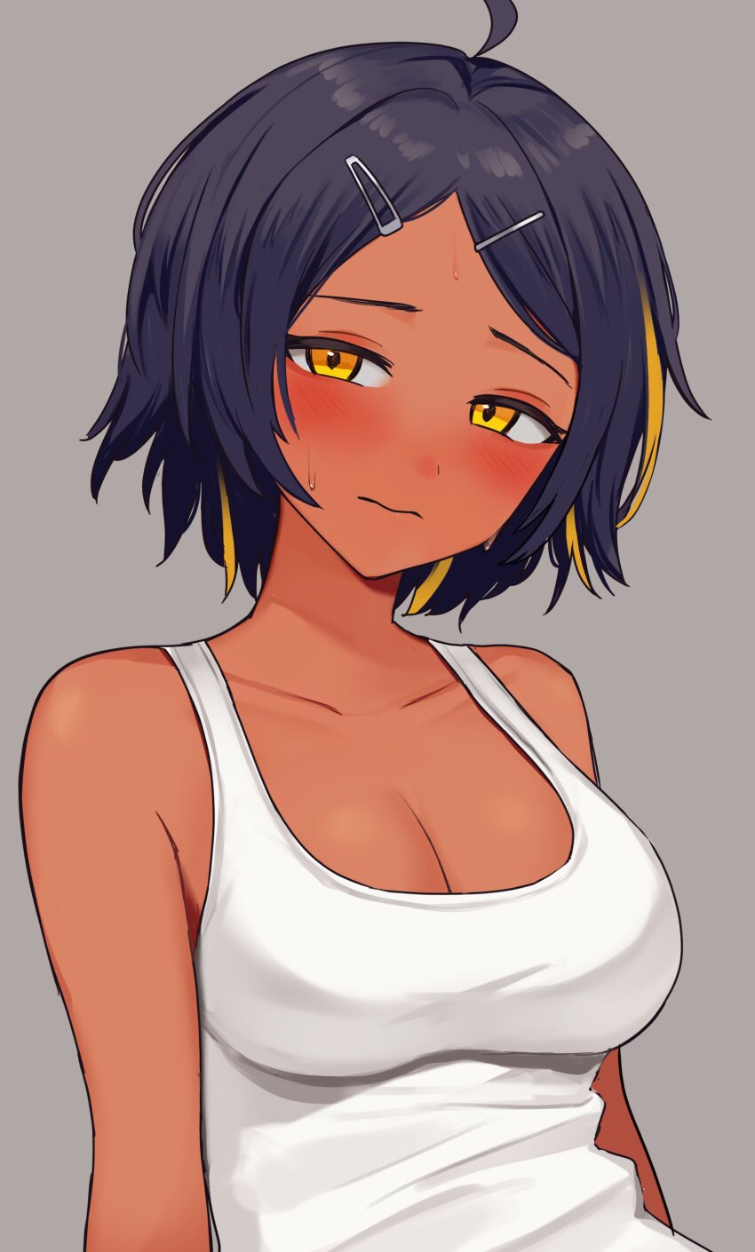 1girl absurdres agamemega ahoge bare_shoulders blue_hair blush breasts cleavage collarbone dark_blue_hair grey_background hair_ornament highres looking_at_viewer multicolored_hair original short_hair simple_background streaked_hair sweatdrop tank_top upper_body white_tank_top