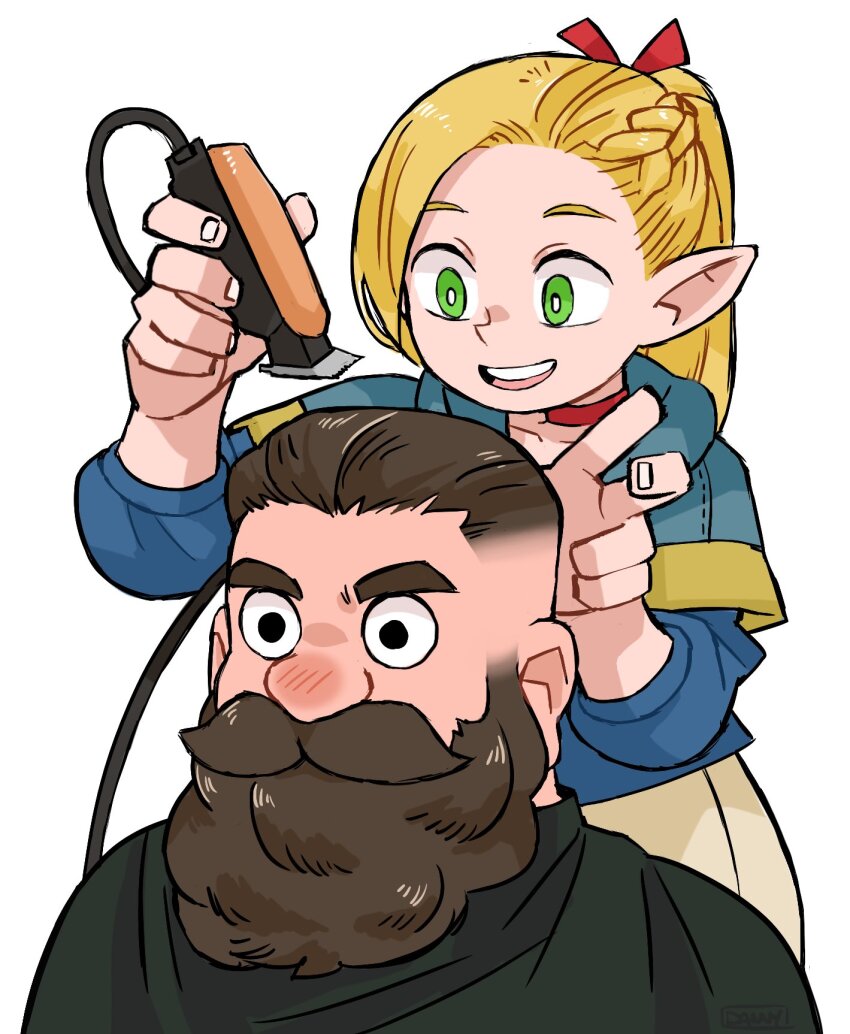 1boy 1girl alternate_facial_hair beard beard_over_mouth blank_stare blonde_hair braid brown_hair choso_giving_toudou_a_haircut_(meme) danny_but_spooky dungeon_meshi dwarf electric_razor elf facial_hair fade_(haircut) fake_horns green_eyes hair_slicked_back helmet highres holding horned_helmet horns long_beard long_hair long_sleeves marcille_donato meme mustache pointy_ears razor senshi_(dungeon_meshi) short_hair thick_mustache undercut