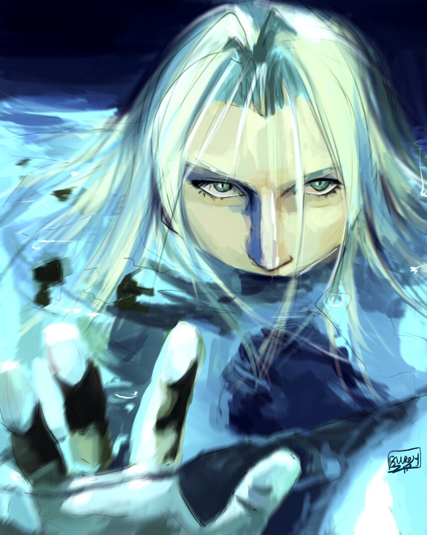 1boy blue_theme blurry blurryzip commentary depth_of_field english_commentary expressionless final_fantasy final_fantasy_vii glowing_liquid green_eyes grey_hair hand_up highres in_water long_hair male_focus parted_bangs reaching reaching_towards_viewer sephiroth signature slit_pupils solo upper_body