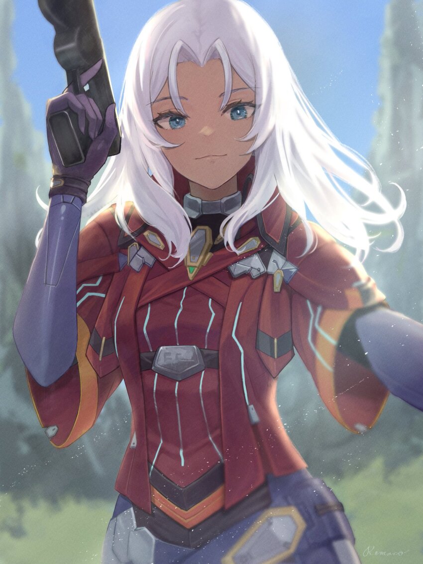 1girl armor blue_eyes bodysuit breasts commentary_request dark-skinned_female dark_skin elma_(xenoblade_x) gloves gun handgun highres long_hair looking_at_viewer remaco smile solo weapon white_hair xenoblade_chronicles_(series) xenoblade_chronicles_x