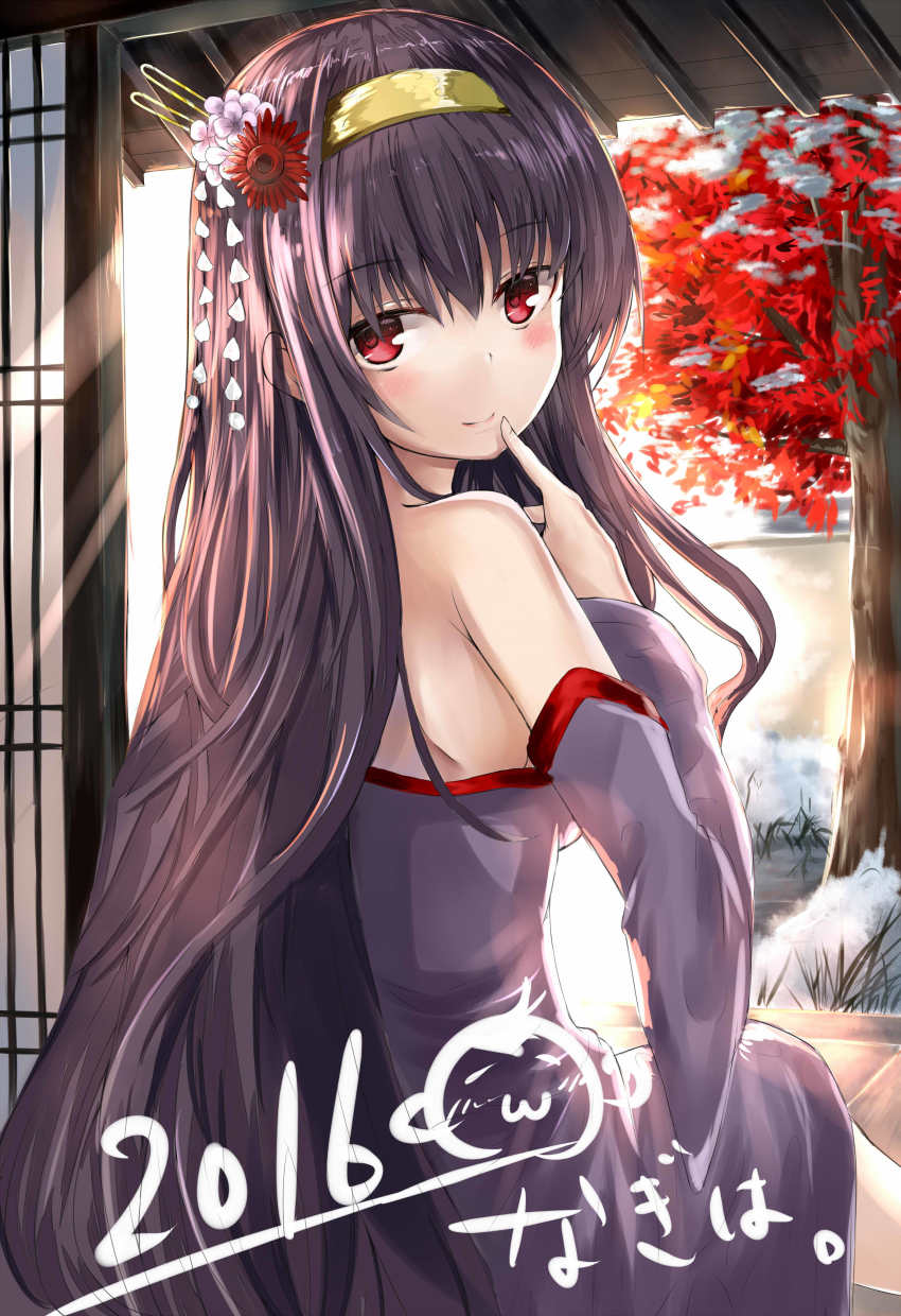 1girl 2016 absurdres back bare_shoulders blush closed_mouth commentary_request day detached_sleeves ears_visible_through_hair hair_ornament highres kanzashi kasumigaoka_utaha long_hair long_sleeves looking_at_viewer nagiha_kuten red_eyes saenai_heroine_no_sodatekata shoulder_blades sitting smile solo straight_hair translation_request tree very_long_hair