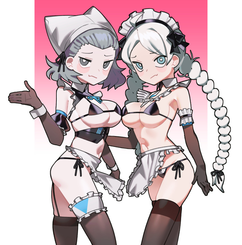 2girls absurdres ahoge alternate_costume apron bare_shoulders bikini black_legwear blue_eyes braid breasts commission commissioner_upload cosplay cuffs detached_collar elbow_gloves fire_emblem fire_emblem_fates frilled_gloves frills garter_straps gloves grey_eyes grey_hair headscarf highres looking_at_viewer maid maid_apron maid_bikini maid_headdress medium_breasts medium_hair midriff multiple_girls nina_(fire_emblem) nintendo saaal653 sophie_(fire_emblem) string_bikini swimsuit thetis_(last_origin) thetis_(last_origin)_(cosplay) thighhighs twin_braids unconventional_maid undine_(last_origin) undine_(last_origin)_(cosplay) upper_body waist_apron white_hair