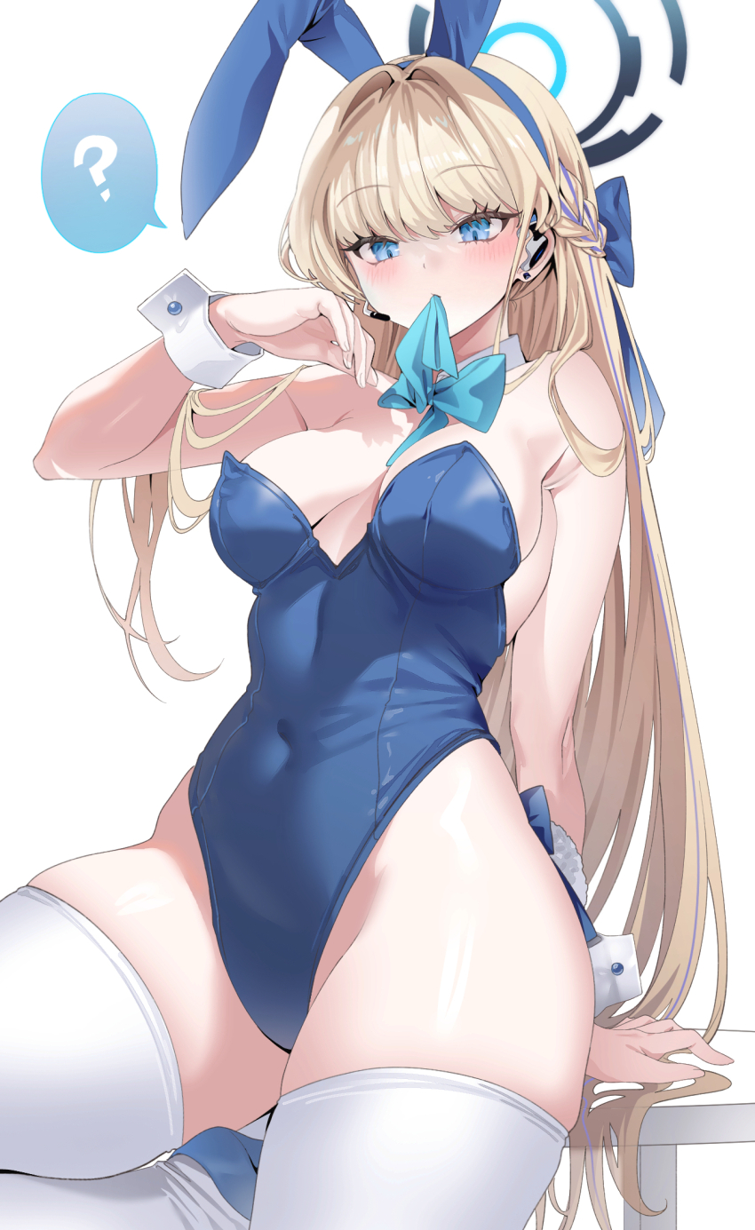 1girl animal_ear_hairband animal_ears arm_behind_back arm_support black_halo blonde_hair blue_archive blue_bow blue_bowtie blue_hairband blue_leotard blue_streaks blunt_bangs bow bowtie bowtie_in_mouth breasts collar covered_navel detached_collar fake_animal_ears fake_tail hair_bow hair_intakes hairband halo hand_up headset highleg highleg_leotard highres laseri leotard long_hair looking_at_viewer medium_breasts multicolored_hair official_alternate_costume playboy_bunny rabbit_ear_hairband rabbit_ears rabbit_tail shirt simple_background sitting solo straight_hair strapless strapless_leotard streaked_hair tail thighhighs toki_(blue_archive) toki_(bunny)_(blue_archive) very_long_hair white_collar white_shirt white_thighhighs white_wrist_cuffs wrist_cuffs