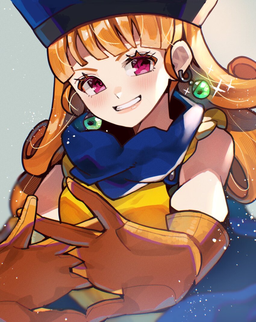 1girl alena_(dq4) blue_hat commentary_request dragon_quest dragon_quest_iv earrings eyelashes gloves grey_background hat highres jewelry kuzuno_ha long_hair looking_at_viewer orange_gloves orange_hair pink_eyes simple_background smile solo sparkle teeth upper_body