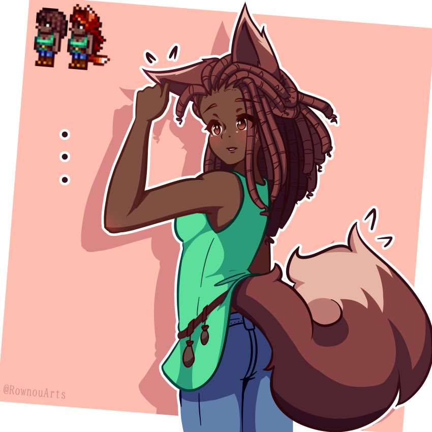 ... 1girl absurdres animal_ears aqua_tank_top artist_name bare_shoulders belt belt_pouch blue_pants blush border breasts brown_belt brown_eyes brown_hair commentary dark-skinned_female dark_skin denim dreadlocks english_commentary fox_ears fox_girl fox_tail hand_on_own_ear hand_up highres jeans long_hair medium_breasts outline outside_border pants parted_lips pink_background pouch pulling_own_ear reference_inset rownou solo tail tank_top terraria twitter_username white_border white_outline zoologist_(terraria)