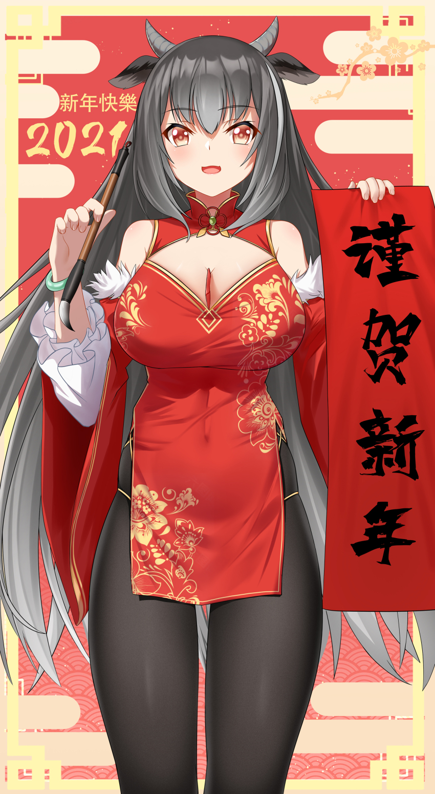 1girl 2021 absurdres animal_ears black_pantyhose bracelet calligraphy calligraphy_brush cang_se_ye_hua china_dress chinese_clothes cleavage_cutout clothing_cutout cow_ears cow_horns dress fur_trim highres holding holding_calligraphy_brush holding_paintbrush horns jewelry long_sleeves looking_at_viewer nengajou new_year open_mouth original paintbrush pantyhose red_dress side_slit