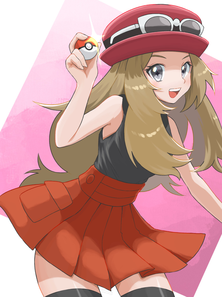 1girl :d absurdres bare_arms breasts brown_hair commentary creatures_(company) ebiura_akane eyelashes eyewear_on_headwear game_freak grey_eyes grey_shirt hand_up hat highres holding holding_poke_ball long_hair nintendo open_mouth pleated_skirt poke_ball poke_ball_(basic) pokemon pokemon_xy red_hat red_skirt serena_(pokemon) shirt skirt sleeveless sleeveless_shirt smile solo star-shaped_pupils star_(symbol) sunglasses symbol-shaped_pupils teeth thighhighs tongue upper_teeth_only white-framed_eyewear