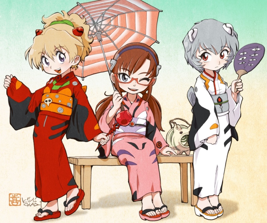 3girls adapted_costume alternate_eye_color alternate_hair_color alternate_hair_style at_field ayanami_rei bench blonde_hair blush brown_hair candy_apple expressionless facing_viewer food footwear_request glasses gradient_background grey_eyes grey_hair hairband hairpods hand_fan happy high_ponytail holding holding_fan holding_food holding_umbrella interface_headset japanese_clothes kiichi kimono lance_of_longinus_(evangelion) legs_together long_hair looking_at_viewer low_twintails makinami_mari_illustrious mosquito_coil multiple_girls neon_genesis_evangelion no_socks obi one_eye_closed open_mouth paper_fan pink_kimono pink_yukata ponytail purple_eyes red-framed_eyewear red_eyes red_kimono red_yukata sandals sash seele_(evangelion) seele_logo semi-rimless_eyewear short_hair signature simple_background sitting smile souryuu_asuka_langley standing tagme twintails umbrella under-rim_eyewear white_kimono white_yukata wide_sleeves wooden_bench yukata