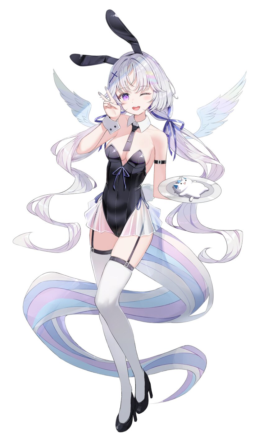 1girl absurdres animal_ears ayatsuno_yuni bare_shoulders black_footwear black_leotard black_necktie blonde_hair blue_hair breasts cleavage covered_navel cross_hair_ornament fake_animal_ears feathered_wings full_body garter_straps grey_hair hair_ornament hair_ribbon hand_up high_heels highres leotard long_hair looking_at_viewer low_twintails multicolored_hair multicolored_tail necktie one_eye_closed open_mouth pink_hair playboy_bunny rabbit_ears ribbon simple_background smile solo standing stellive streaked_hair tail teeth thighhighs three_twosix twintails upper_teeth_only virtual_youtuber white_background white_thighhighs white_wings white_wrist_cuffs wings wrist_cuffs