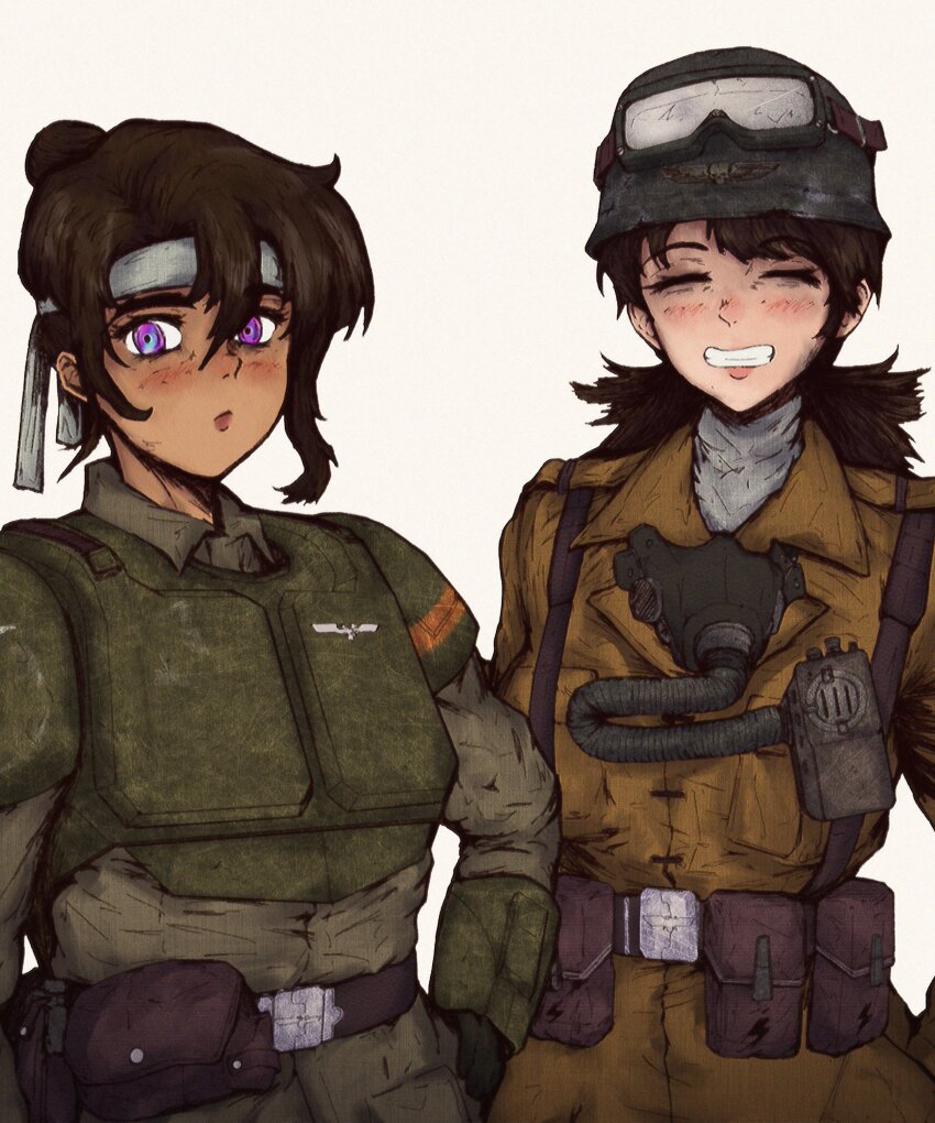 2girls absurdres armageddon_steel_legion astra_militarum body_armor brown_hair cadian_shock_troops coat gas_mask goggles goggles_on_head grin headband helmet highres iaart1 mask military_uniform multiple_girls purple_eyes radio smile teeth trench_coat warhammer_40k white_headband