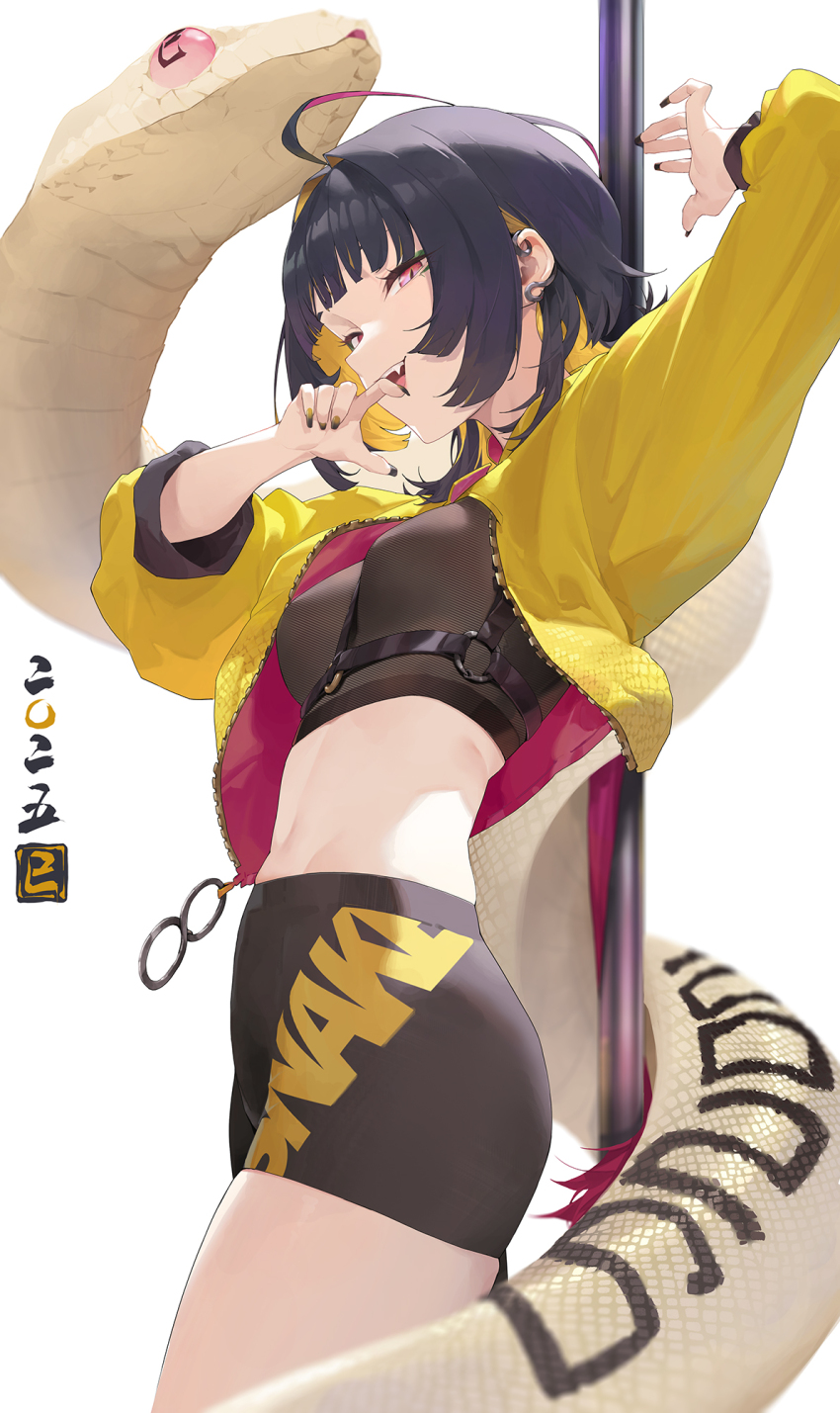 2025 ahoge bike_shorts blue_hair chinese_zodiac cokio cropped_jacket fingernails highres jacket long_fingernails midriff nail_polish navel new_year original pink_eyes simple_background slit_pupils snake white_background white_snake year_of_the_snake yellow_jacket