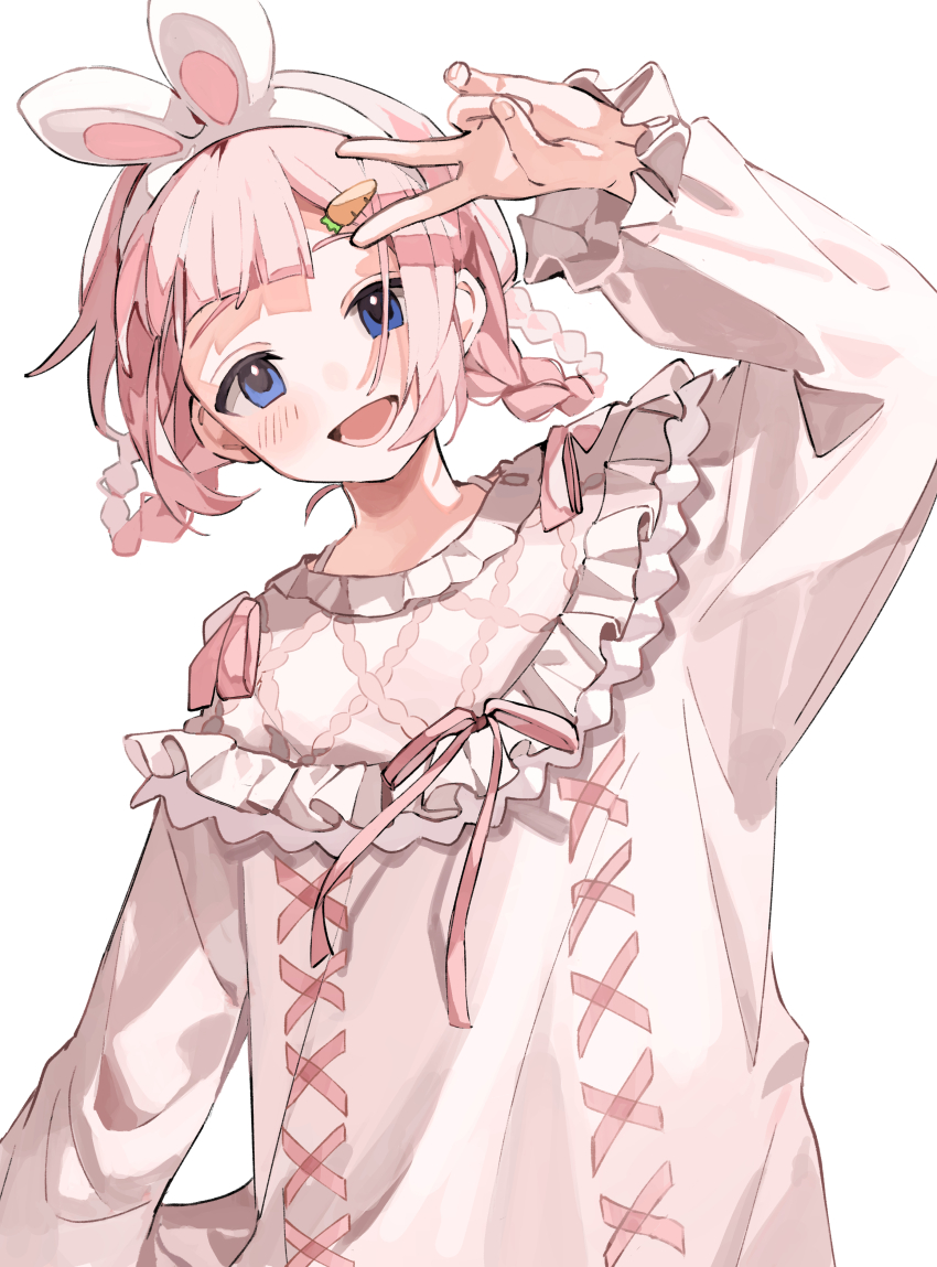 1girl absurdres animal_ear_hairband animal_ears arm_up blue_eyes blush braid cococall fake_animal_ears frilled_shirt_collar frills hair_ornament hairband highres looking_at_viewer making-of_available nijisanji open_mouth pink_hair pink_shirt shirt solo suo_sango upper_body v virtual_youtuber white_background