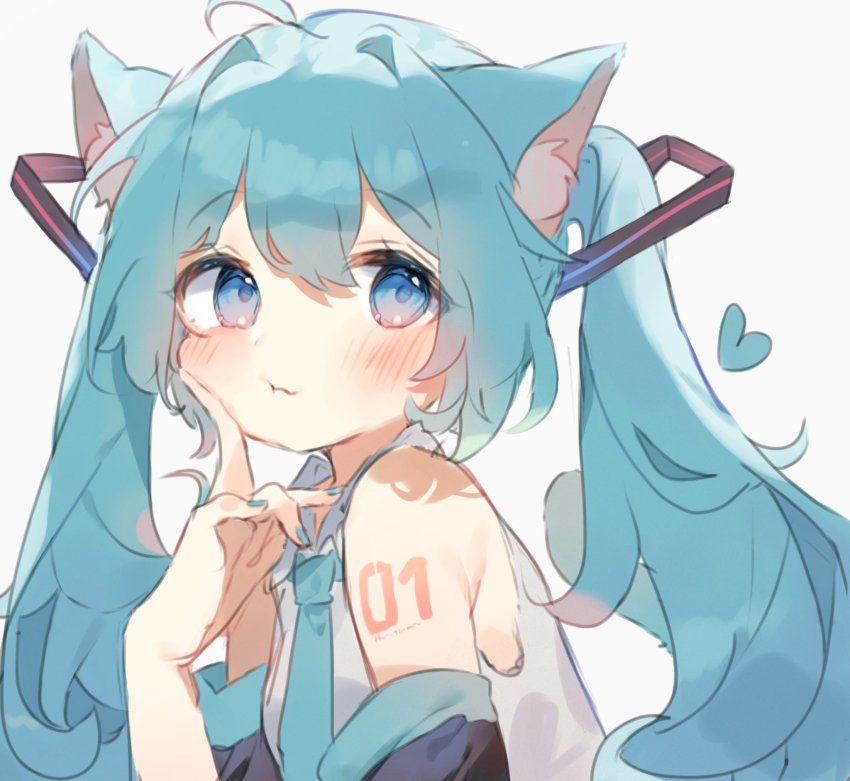 1girl animal_ears aqua_hair aqua_necktie blue_eyes blush cat_ears closed_mouth commentary_request grey_shirt hatsune_miku highres long_hair necktie otintin shirt skirt sleeveless sleeveless_shirt solo tattoo twintails upper_body very_long_hair vocaloid white_background