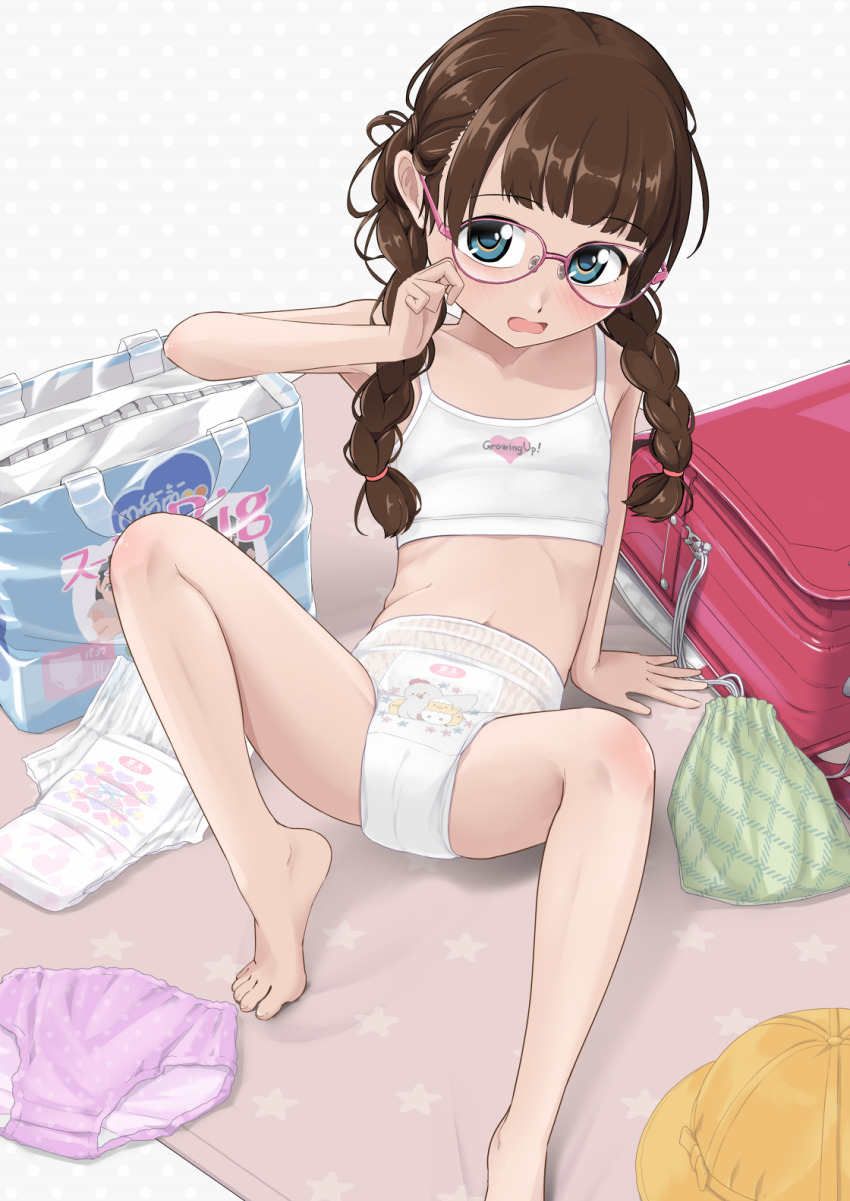 1girl backpack bag barefoot blue_eyes blush bra braid brown_hair commentary_request diaper glasses highres hoono_yurumu long_hair navel open_mouth original paid_reward_available panties pink-framed_eyewear print_diaper pull-up_diaper purple_panties randoseru reclining red_bag solo training_bra twin_braids underwear unworn_backpack unworn_bag unworn_panties white_bra