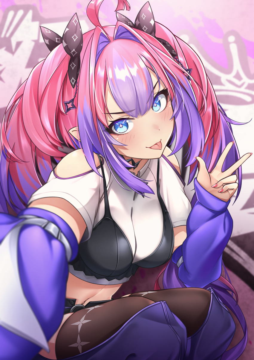 1girl absurdres ahoge black_bow black_shorts black_thighhighs bow breasts cleavage crop_top hair_bow hair_ornament highres hololive hololive_dev_is kikirara_vivi long_hair looking_at_viewer medium_breasts mr2d multicolored_hair nail_polish pink_hair pink_nails purple_hair shirt shorts smile solo star_(symbol) star_hair_ornament streaked_hair thighhighs tongue tongue_out twintails v very_long_hair virtual_youtuber white_shirt