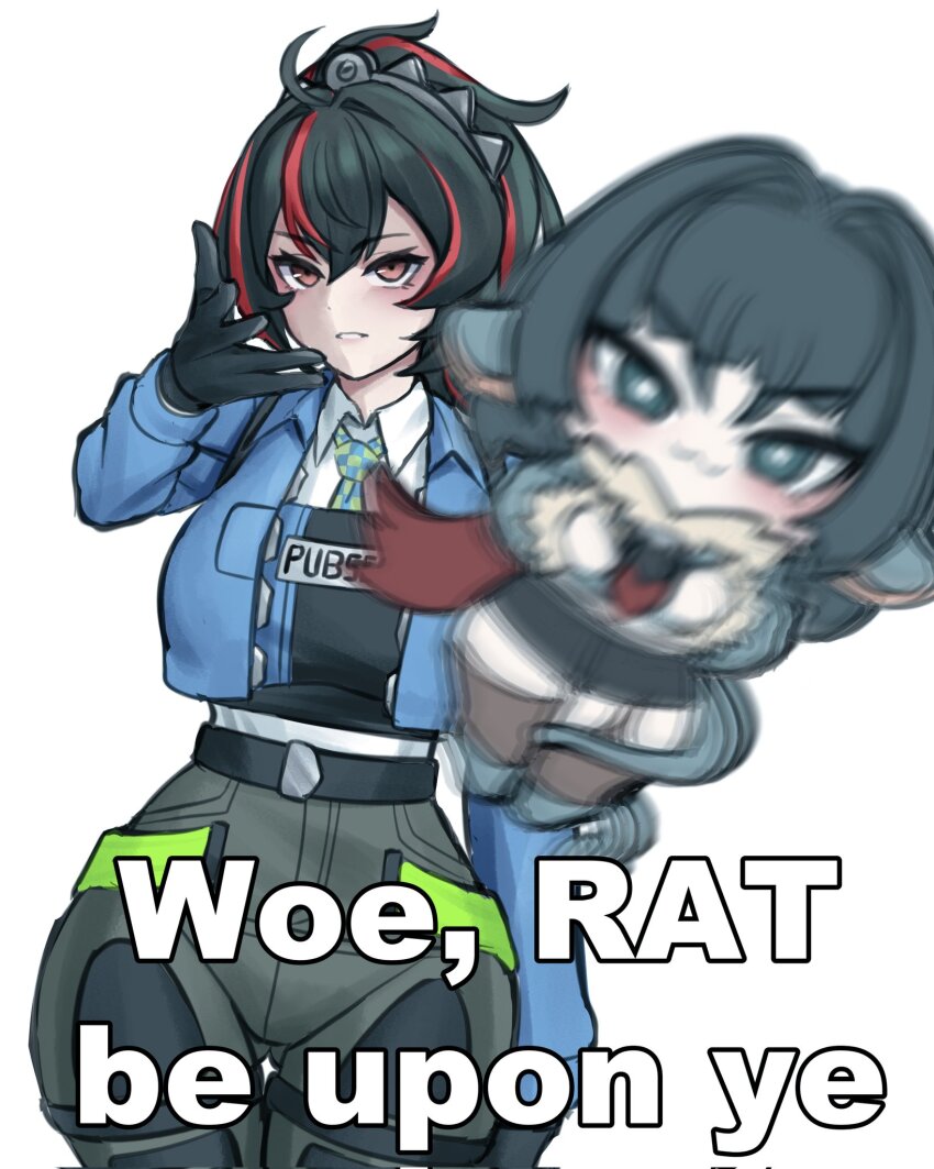 2girls alternate_legwear animal_ears black_gloves black_hair black_pants blue_jacket breasts checkered_necktie chibi cooterzi eminem_throwing_a_fat_rat_(meme) english_text gloves green_eyes green_hair high-waist_pants highres holster jacket jane_doe_(zenless_zone_zero) large_breasts meme metal_hairband motion_blur mouse_ears mouse_girl multicolored_hair multiple_girls necktie pants police police_uniform policewoman ponytail shoulder_holster streaked_hair throwing tight_clothes tight_pants white_background zenless_zone_zero zhu_yuan