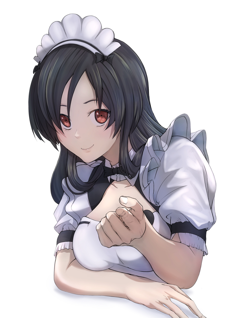 1girl akame_(akame_ga_kill!) akame_ga_kill! alternate_costume black_hair breasts cleavage enmaided highres long_hair looking_at_viewer maid maid_headdress medium_breasts najendasan red_eyes short_sleeves simple_background smile solo upper_body white_background