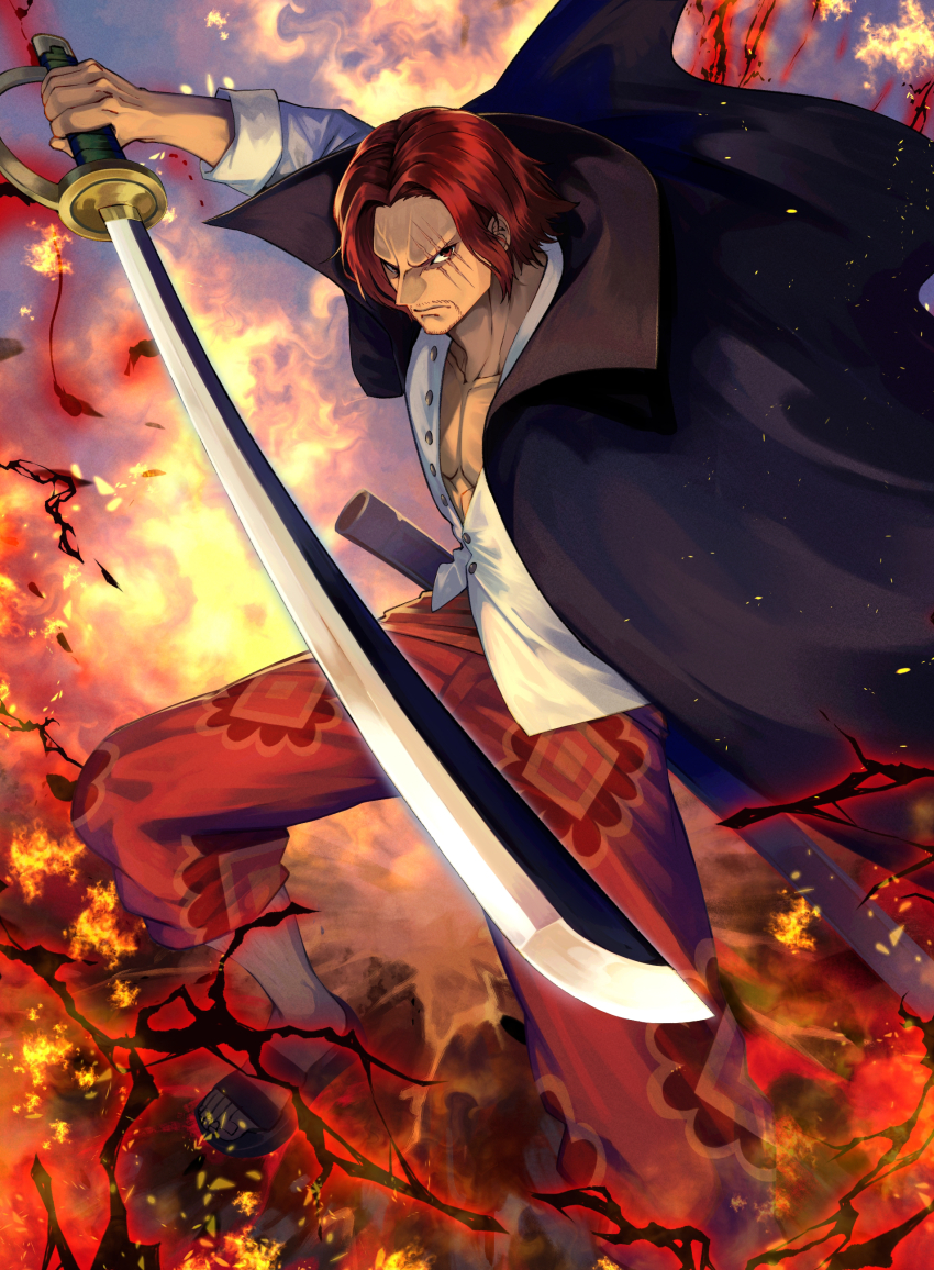 1boy absurdres black_cape black_footwear cape closed_mouth collarbone connected_beard fire furrowed_brow highres holding holding_sword holding_weapon male_focus one_piece pants pectoral_cleavage pectorals red_hair red_pants scar scar_across_eye shanks_(one_piece) sheath shirt short_hair solo sword teo_(telo_ruka) weapon white_shirt