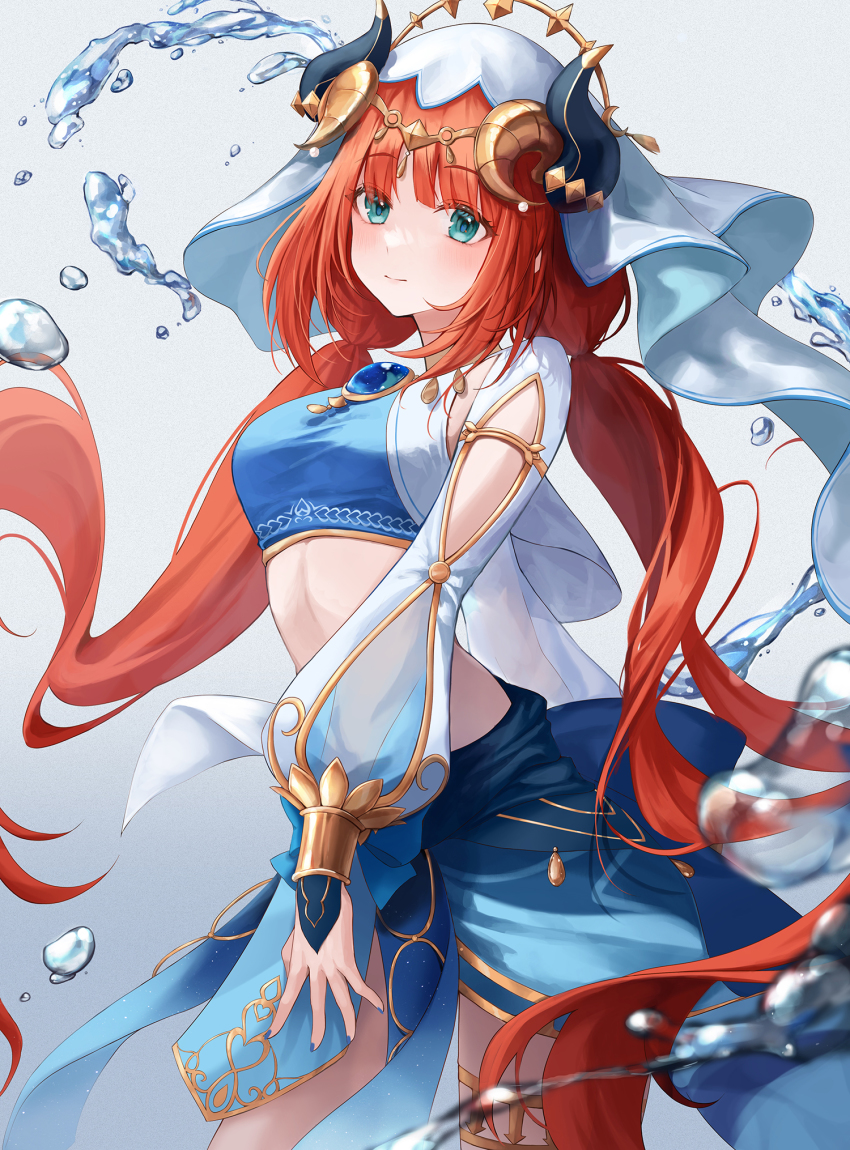 1girl aqua_eyes blue_gemstone breasts circlet closed_mouth cowboy_shot crop_top fake_horns floating_hair gem genshin_impact gold_trim harem_outfit heeri highres horns jewelry long_hair long_sleeves looking_at_viewer low_twintails medium_breasts nilou_(genshin_impact) parted_bangs puffy_long_sleeves puffy_sleeves red_hair simple_background skirt smile solo stomach twintails veil water white_background white_headwear white_sleeves