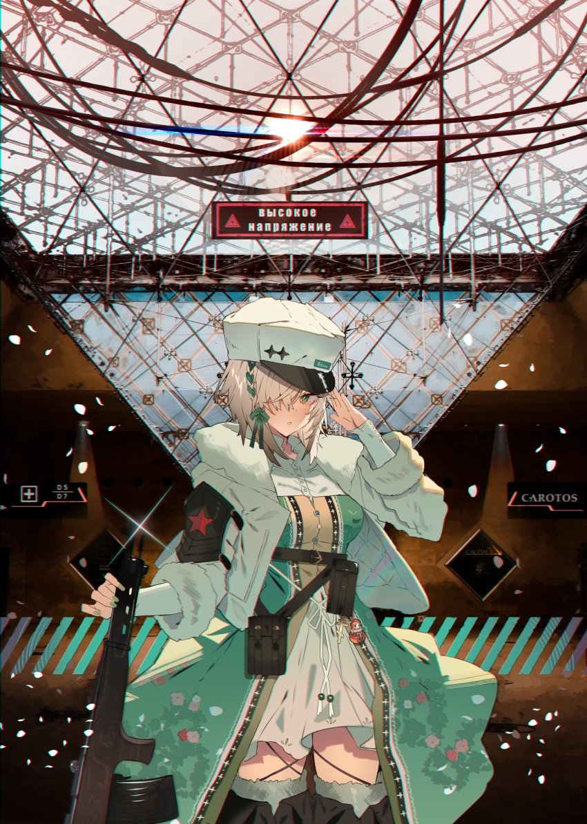 1girl battle_rifle blouse breasts coat cyrillic dress fedorov_(girls&#039;_frontline) fedorov_avtomat girls&#039;_frontline green_dress green_eyes green_nails green_ribbon gun hair_between_eyes hair_ornament hair_over_one_eye hair_ribbon hat highres holding holding_gun holding_weapon long_sleeves medium_hair nail_polish ribbon salute shirt silver_hair solo soukou_makura thighhighs weapon white_shirt