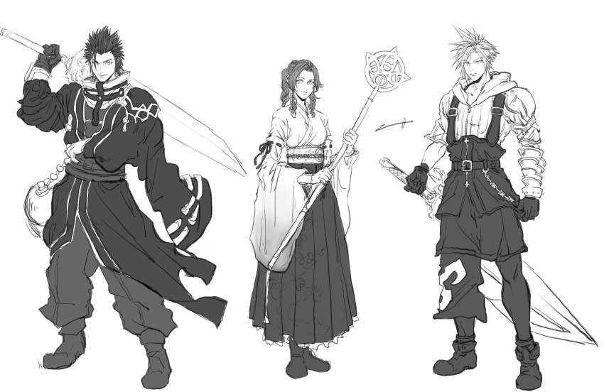 1girl 2boys aerith_gainsborough armor asymmetrical_armor auron auron_(cosplay) black_hair black_overalls boots braid braided_ponytail breasts cloud_strife cosplay detached_sleeves final_fantasy final_fantasy_vii final_fantasy_vii_rebirth final_fantasy_vii_remake final_fantasy_x full_body gloves greyscale hair_slicked_back highres holding holding_staff holding_sword holding_weapon hood hooded_jacket jacket japanese_clothes jug_(bottle) long_skirt medium_breasts monochrome multiple_boys nontraditional_miko obi overalls parted_bangs pleated_skirt sash short_hair shoulder_armor sidelocks single_braid skirt spiked_hair staff standing sternffbevw sword tidus tidus_(cosplay) weapon white_background wide_sleeves yuna_(ff10) yuna_(ff10)_(cosplay) zack_fair