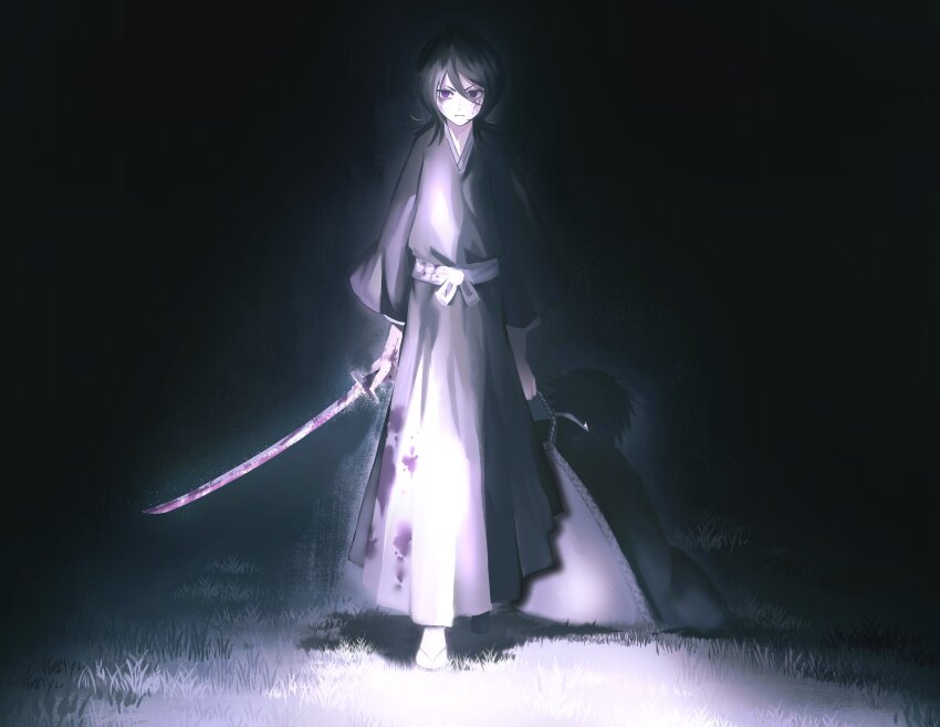 1boy 1girl absurdres arms_at_sides black_hair black_kimono bleach blood blood_on_clothes blood_on_face bloody_weapon closed_mouth commentary dark double-parted_bangs empty_eyes english_commentary full_body grass gwao_(_ul_13) hair_between_eyes highres holding holding_sword holding_weapon japanese_clothes katana kimono kuchiki_rukia long_sleeves looking_at_viewer medium_hair night obi outdoors purple_eyes sandals sash serious shiba_kaien short_hair standing straight-on sword tabi underlighting v-shaped_eyebrows weapon wide_sleeves